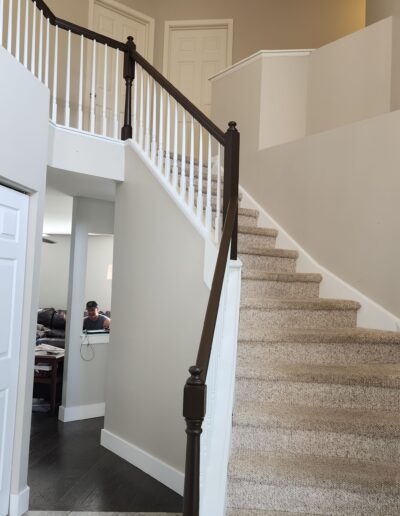 A stairway in a home with a railing and carpet.