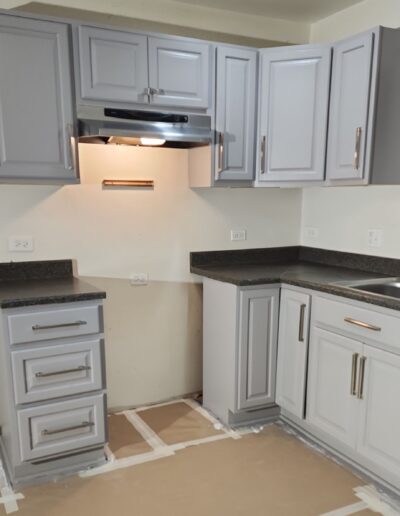 A kitchen with gray cabinets and counter tops.